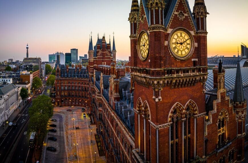 Aerial view of St Pancras and Kings Cross train stations in London, England