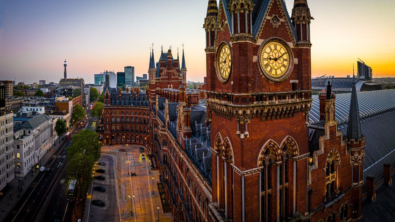Aerial view of St Pancras and Kings Cross train stations in London, England
