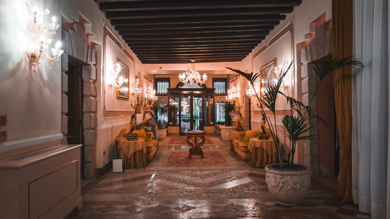 Elegant historic-style hotel lobby