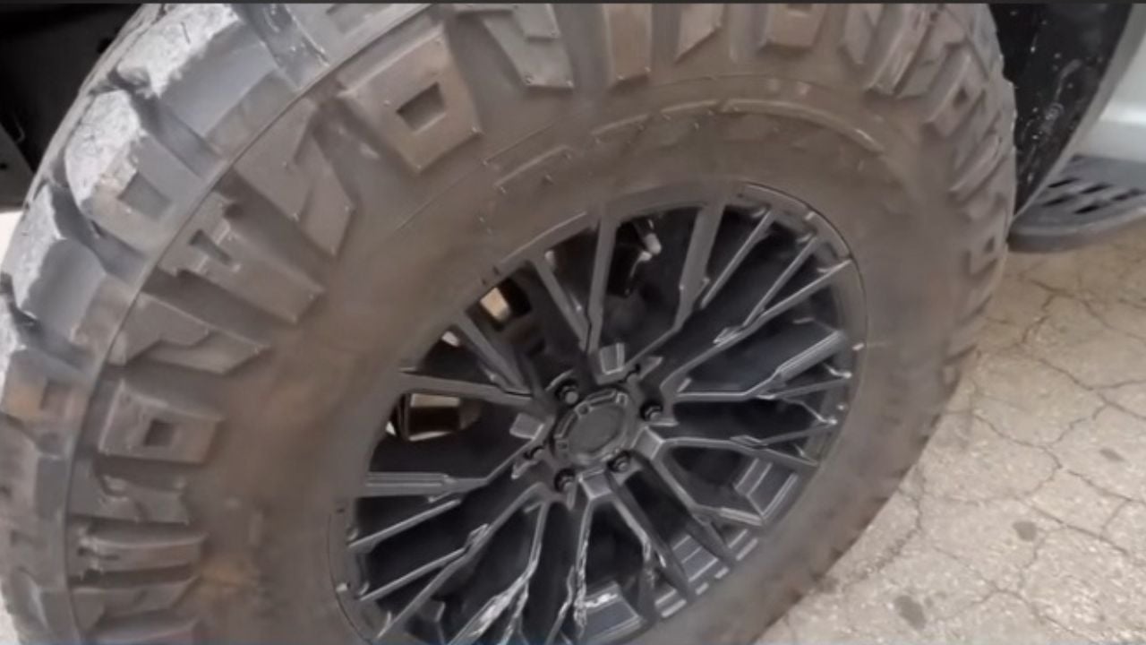 Distinctive tire setup helped identify stolen Ford Raptor.
