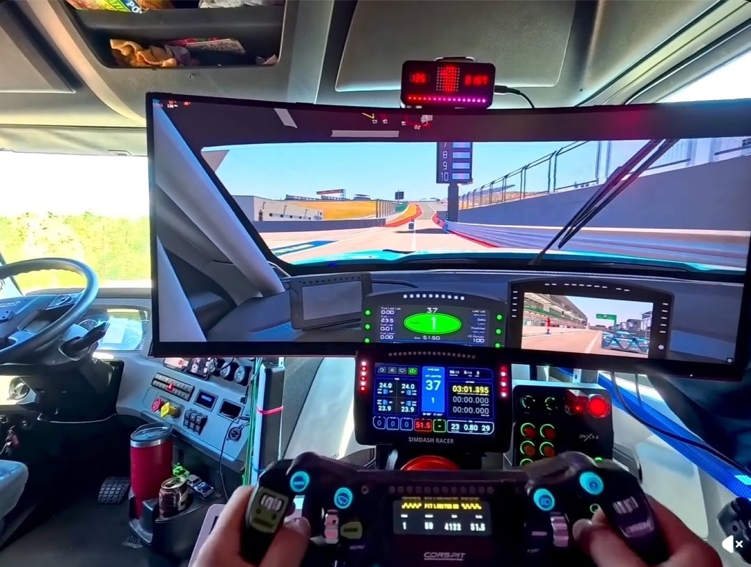 racing sim setup in semi truck