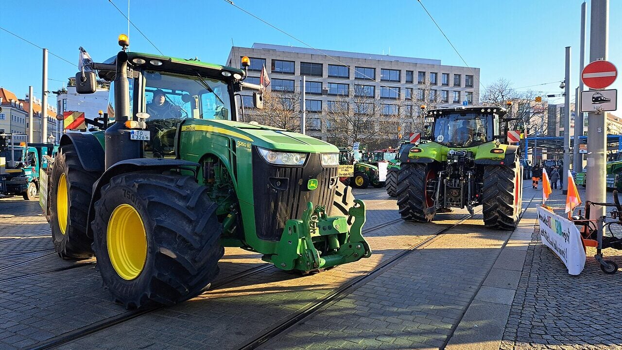 John Deere tractors farmers' protest.