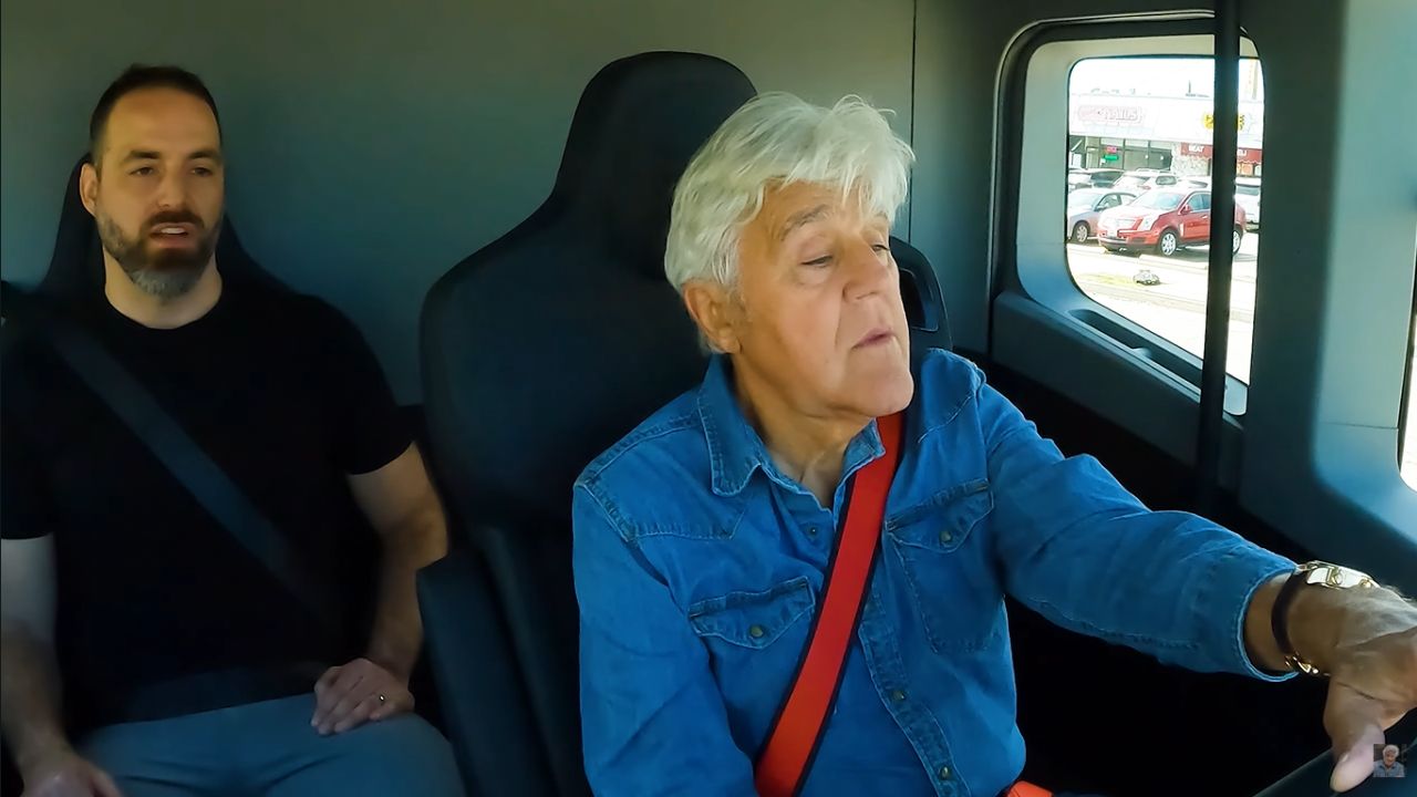 Jay Leno driving Tesla Semi Truck featured on Jay Leno's Garage with Tesla's Dan Priestley in frame