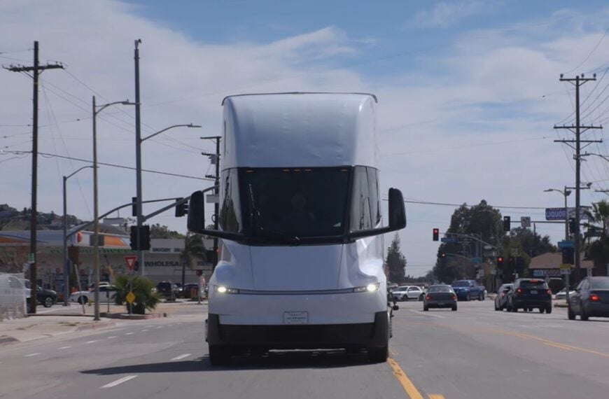 Front view of Tesla Semi Truck featured on Jay Leno's Garage