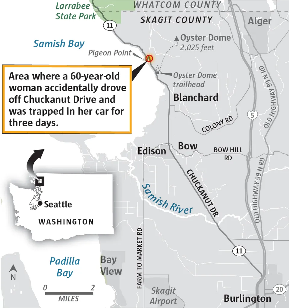 map of woman trapped in car for three days