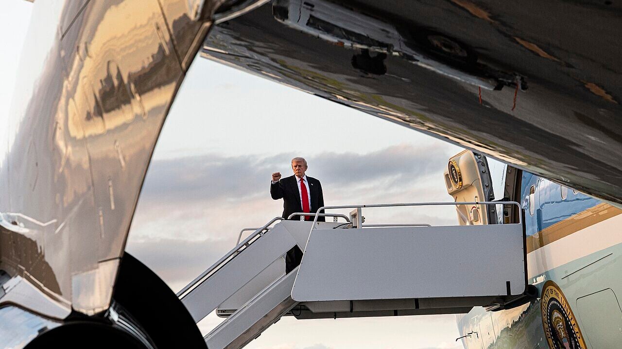 President Donald Trump boards Air Force One at Palm Beach International Airport, Florida on Sunday, November 2, 2025.