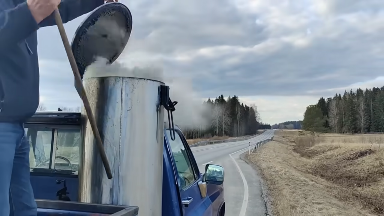 Wood powered pickup truck.