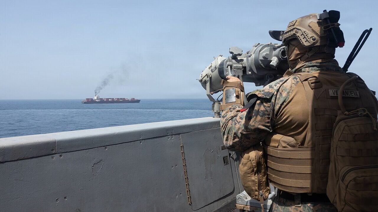 U.S. forces patrol the Arabian Sea near M/V Touska, April 20, 2026, after the Iranian-flagged vessel attempted to violate the U.S. naval blockade.