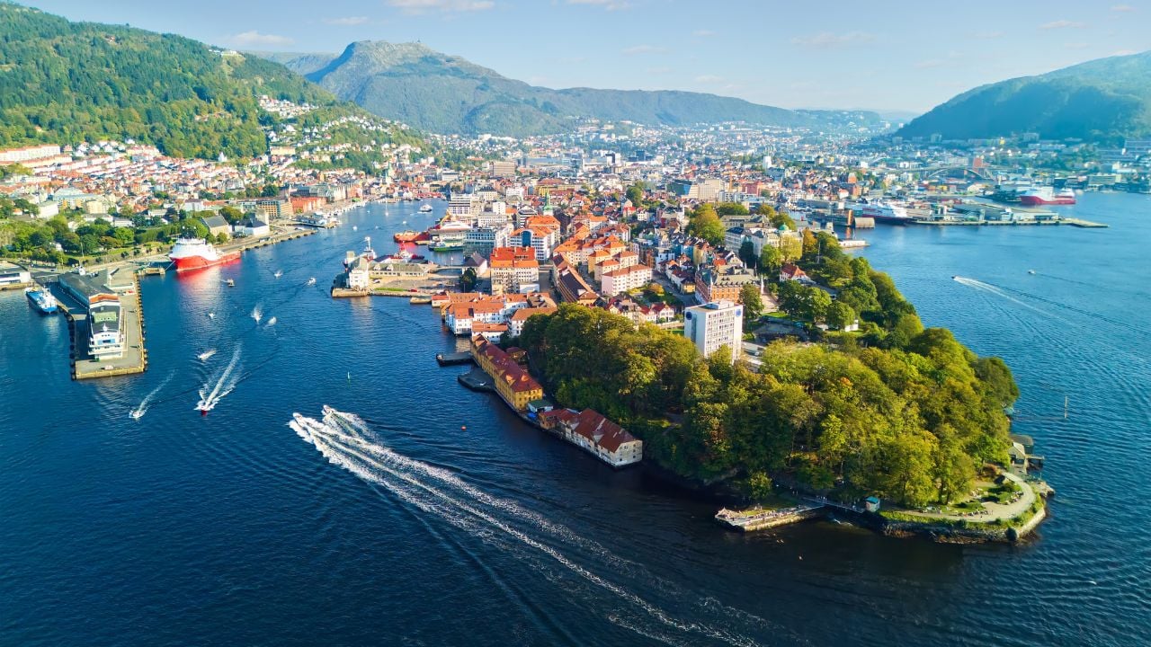 Aerial view of Bergen old town and Nordnes peninsula in Norway