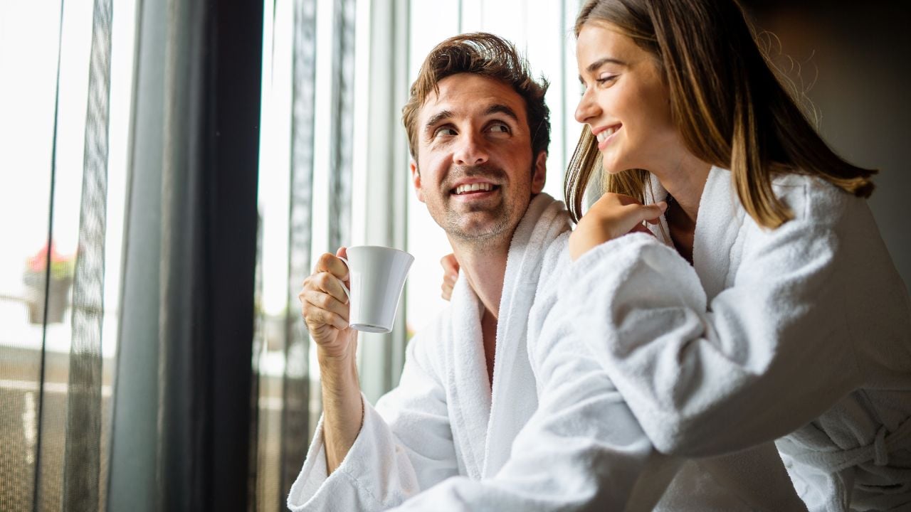 Couple relaxing during a spa-style staycation