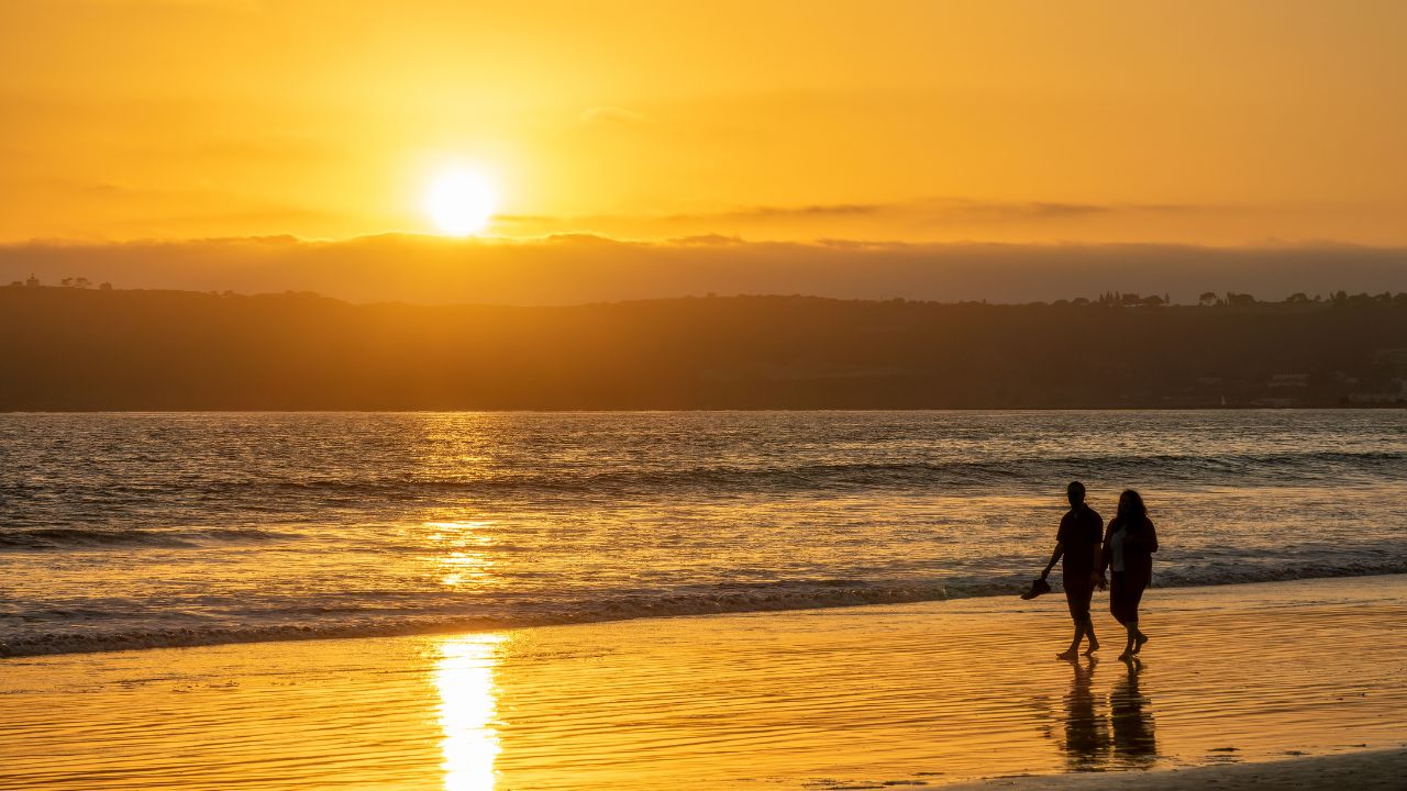Couple walking on Coronado Beach at sunset