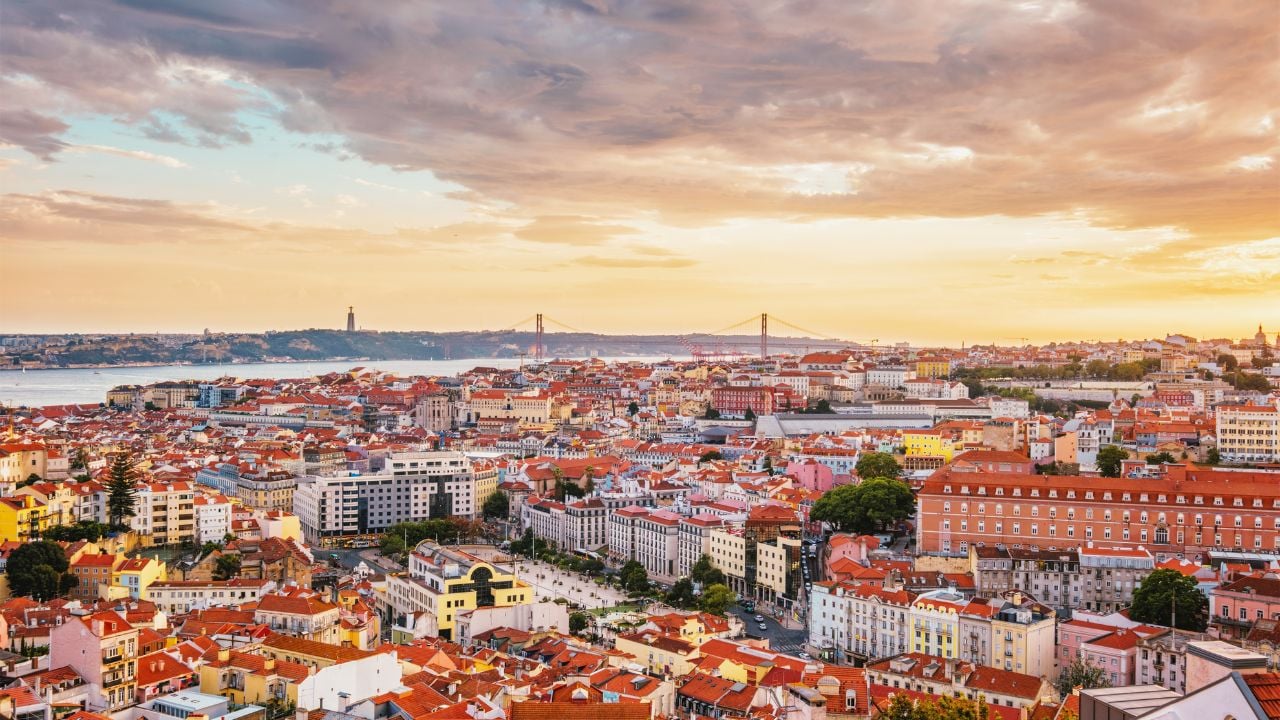 Lisbon skyline from a viewpoint at sunset