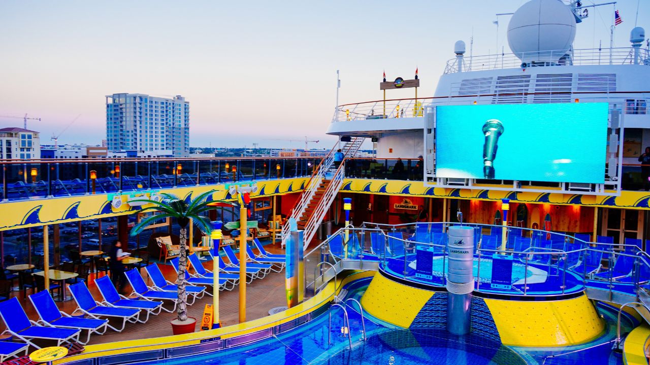 Rows of loungers on a cruise ship deck