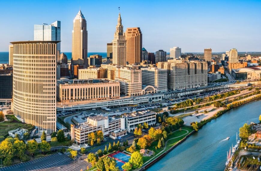 Aerial view of Cleveland, Ohio skyline at sunset. Cleveland is a major city in the U.S. state of Ohio and the county seat of Cuyahoga County.