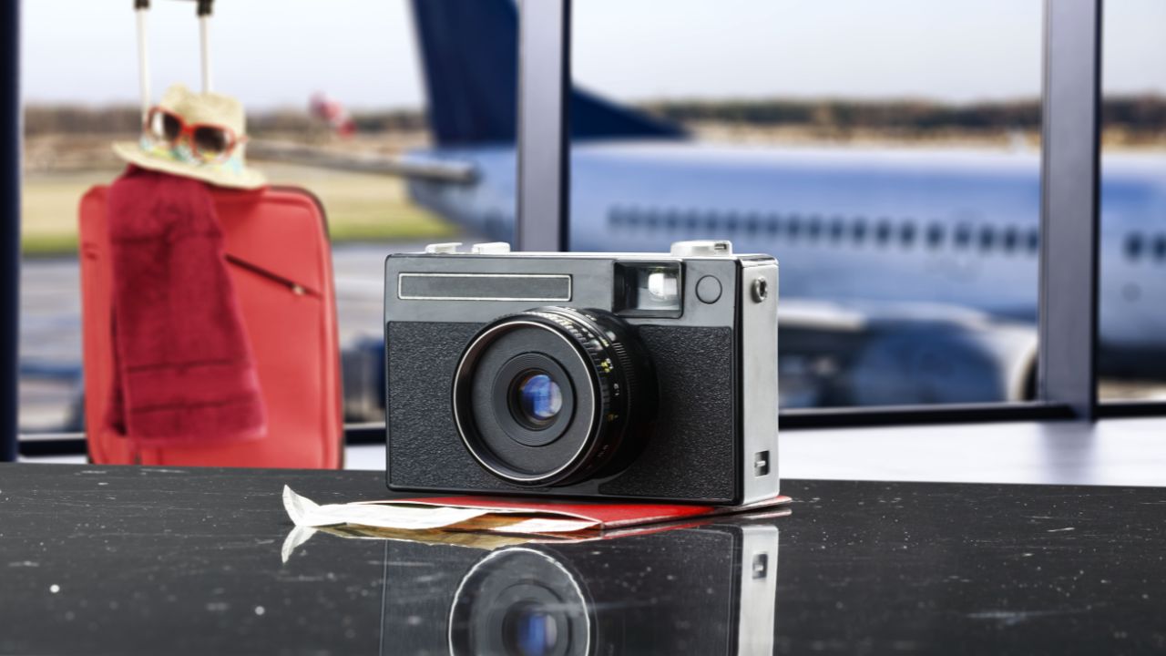 Retro camera with suitcase and airport background