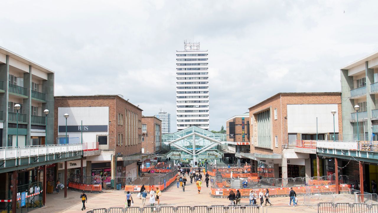 City center and shopping area in Coventry, United Kingdom.