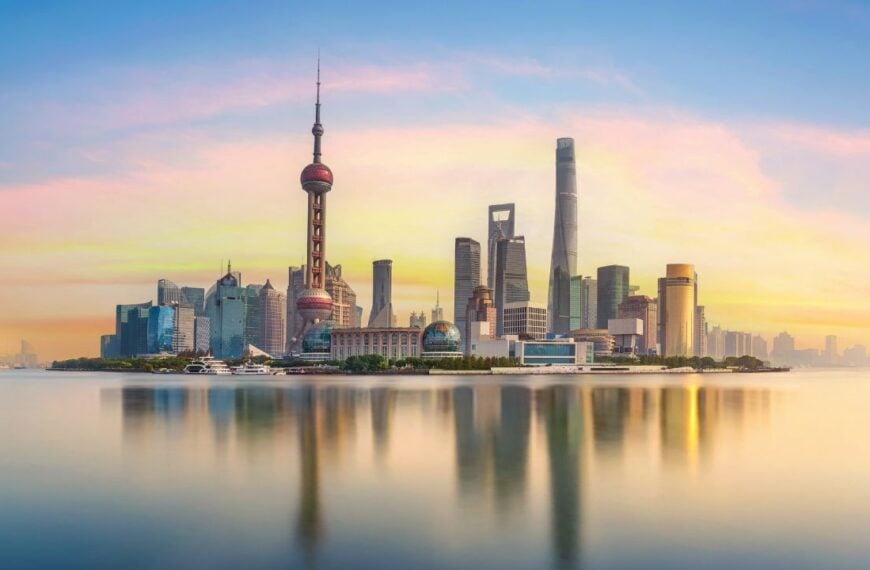 Shanghai city and Huangpu river at sunrise, China.