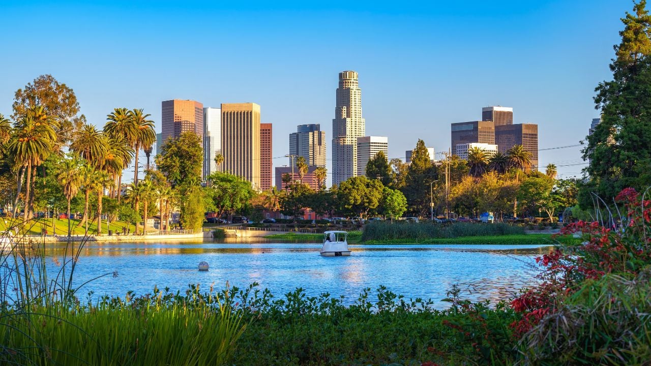 City skyline of Los Angeles downtown in California during sunset from Echo Lake Park.