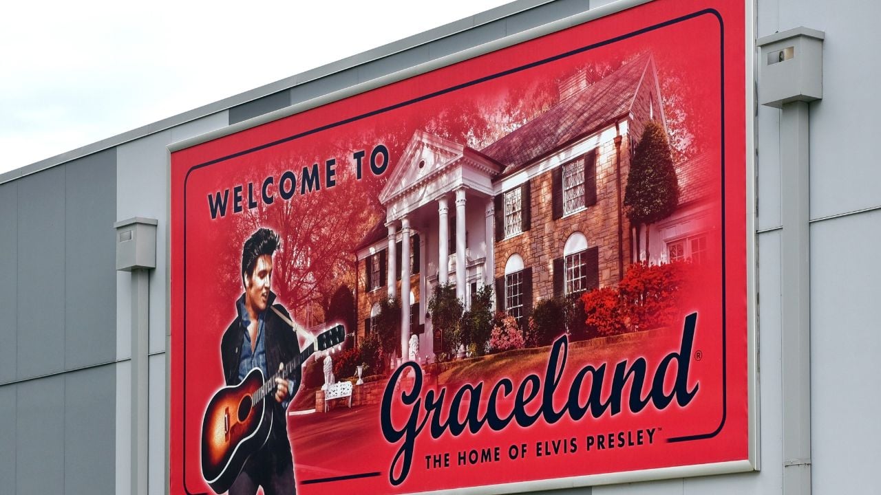 Memphis, TN, USA - September 24, 2019: Entrance to the Graceland complex featuring sign of Elvis