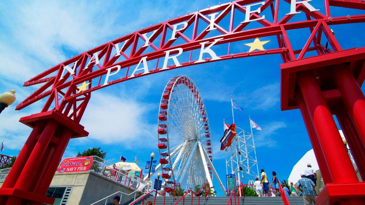 Downtown city of Chicago Illinois IL Downtown Navy Pier activity on Lake Michigan. Created 11.10.24