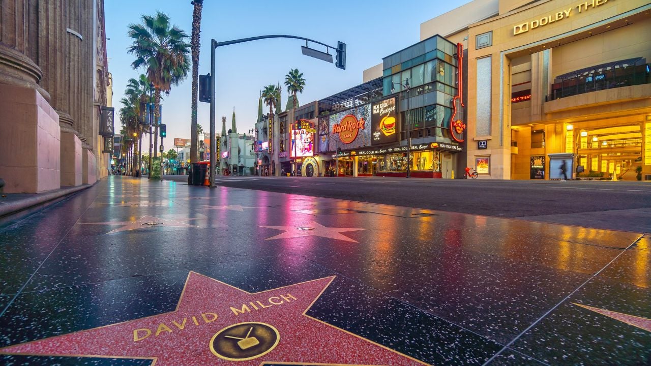 LOS ANGELES, USA - OCTOBER 19, 2019 : View of world famous Hollywood Walk of Fame at Hollywood Boulevard district in Los Angeles, California, USA at twilight.