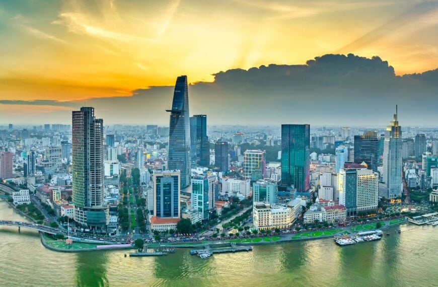 Ho Chi Minh city, Vietnam - August 7th, 2023: Aerial view from drone of a Ho Chi Minh city with development buildings, transportation, energy infrastructure. Financial and business centers in Vietnam.
