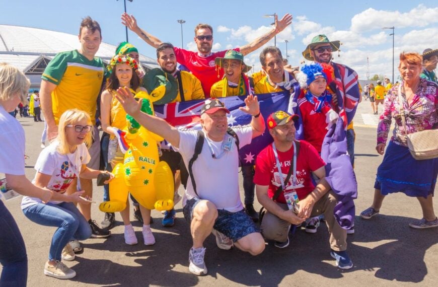 Russia, Samara, June 2018: jubilant happy football fans from Australia with inflatable kangaroos, a symbol of the nation, at the World Championships in the background of the stadium.