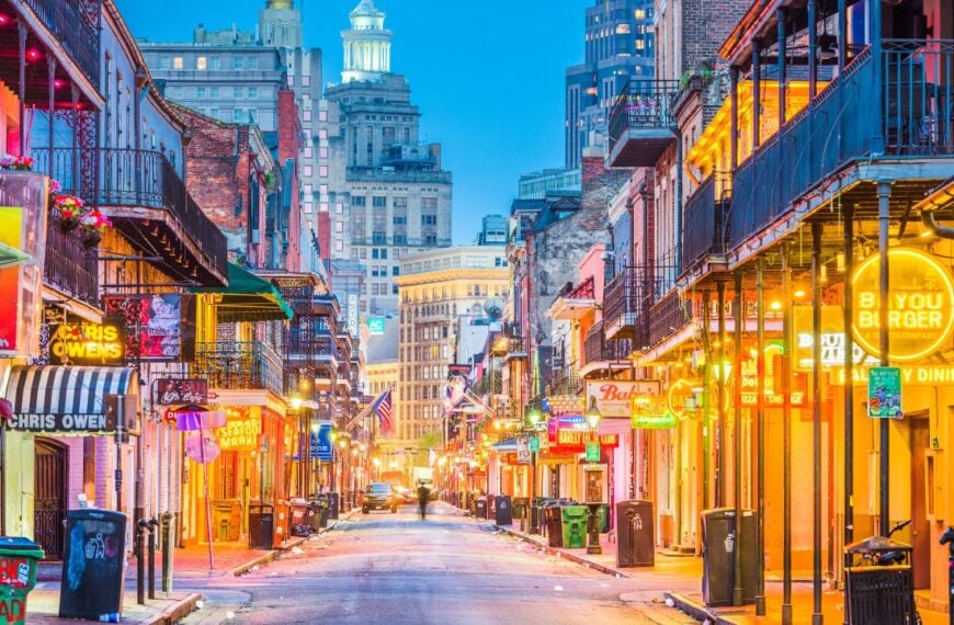 NEW ORLEANS, LOUISIANA - MAY 10, 2016: Bourbon Street in the early morning. The renown nightlife destination is in the heart of the French Quarter.