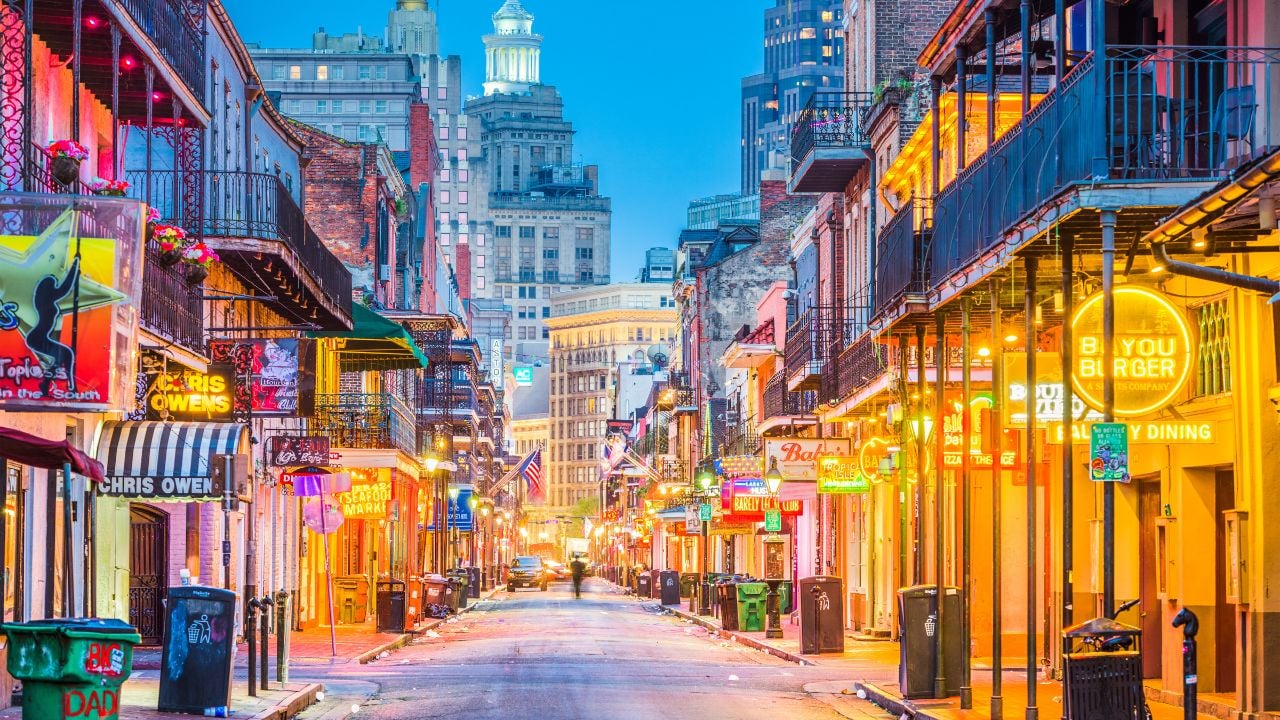 Bourbon Street in the early morning in New Orleans, Louisiana.