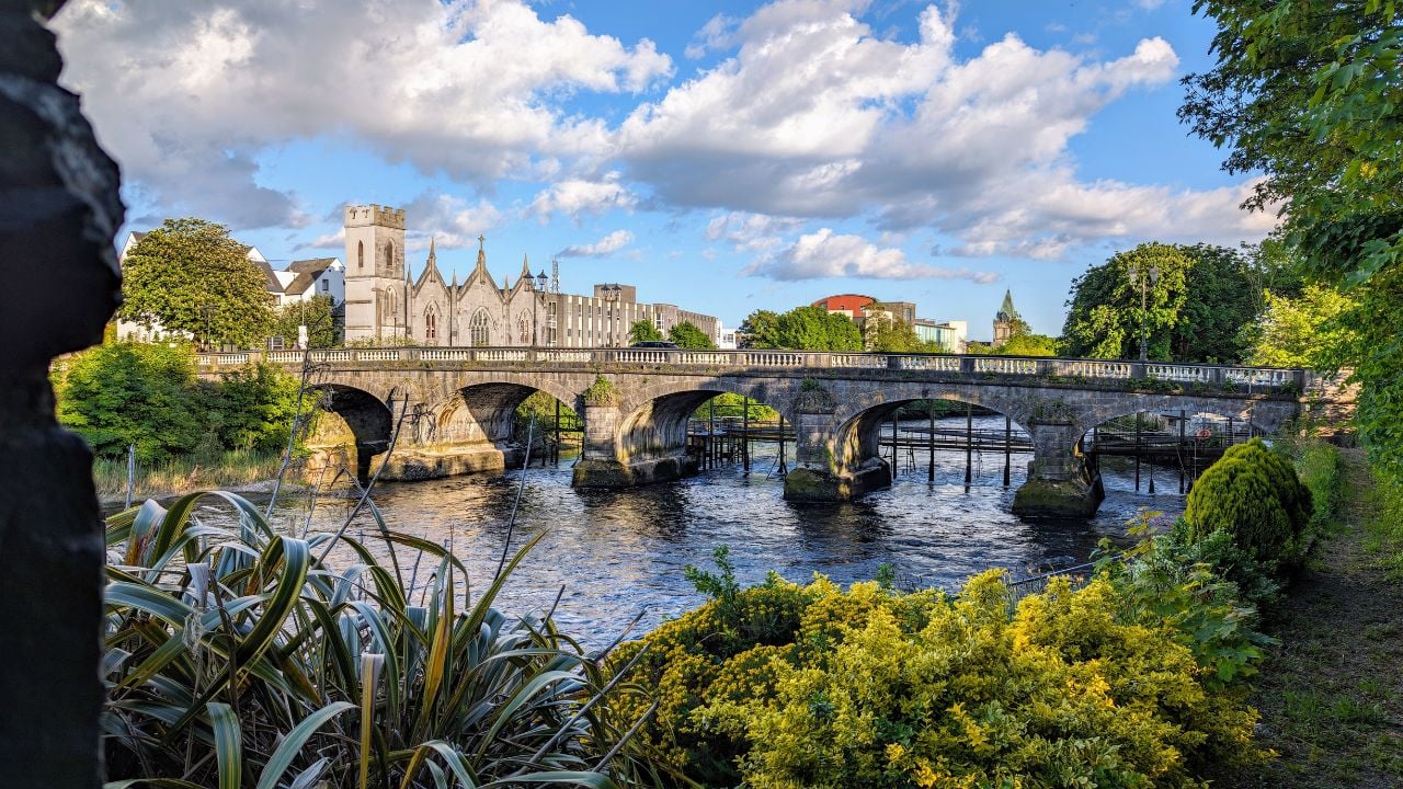 Galway cityscape and Salmon Weir Bridge in Ireland