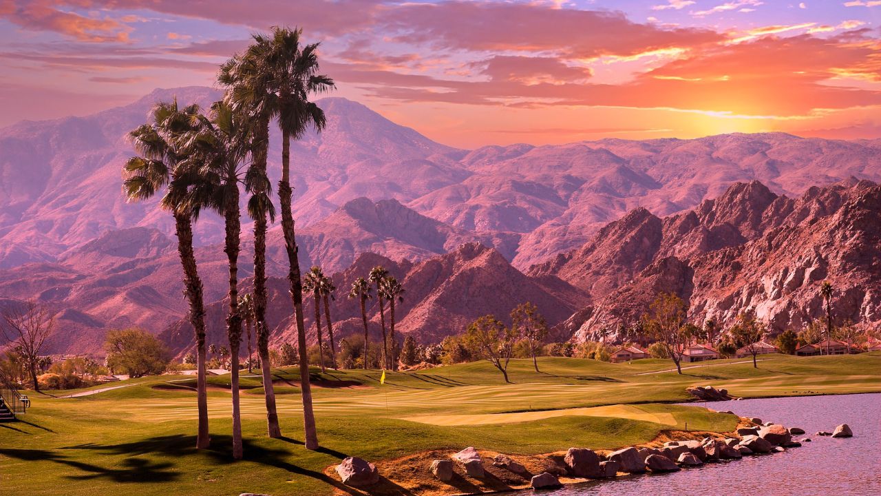 golf course at sunset in palm springs, california, usa