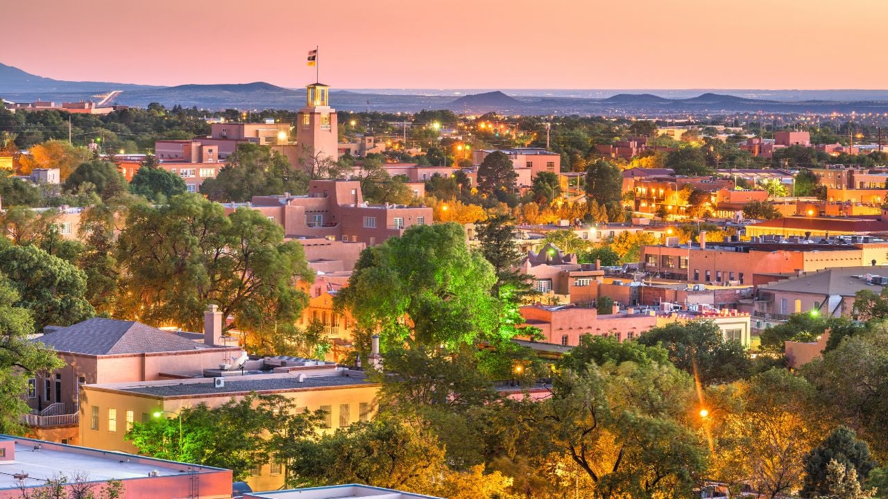 Santa Fe, New Mexico, downtown skyline at dusk