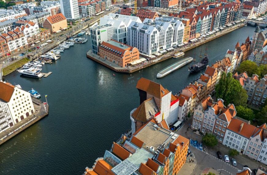 GDANSK, POLAND - 23 AUGUST, 2022:Gdańsk. Historical Old City of Gdańsk, Motława River and Traditoinal City Architecture from Above. Poland, Europe. Gdańsk. Historical Old City of Gdańsk, Poland.