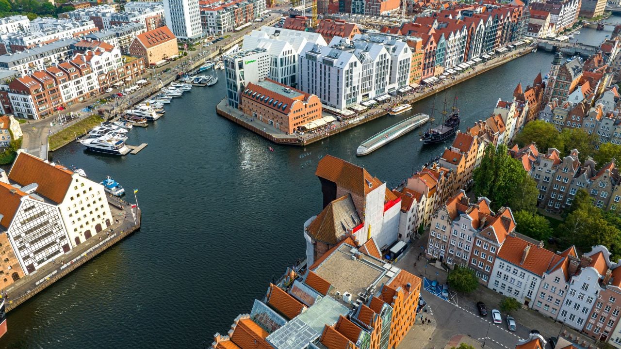 Historic center of Gdańsk, Poland, with the Motława River and traditional city architecture