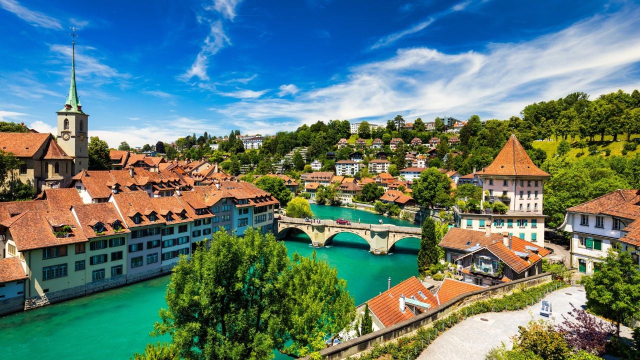 Bern old town and the Nydegg Bridge over the Aare River in Switzerland