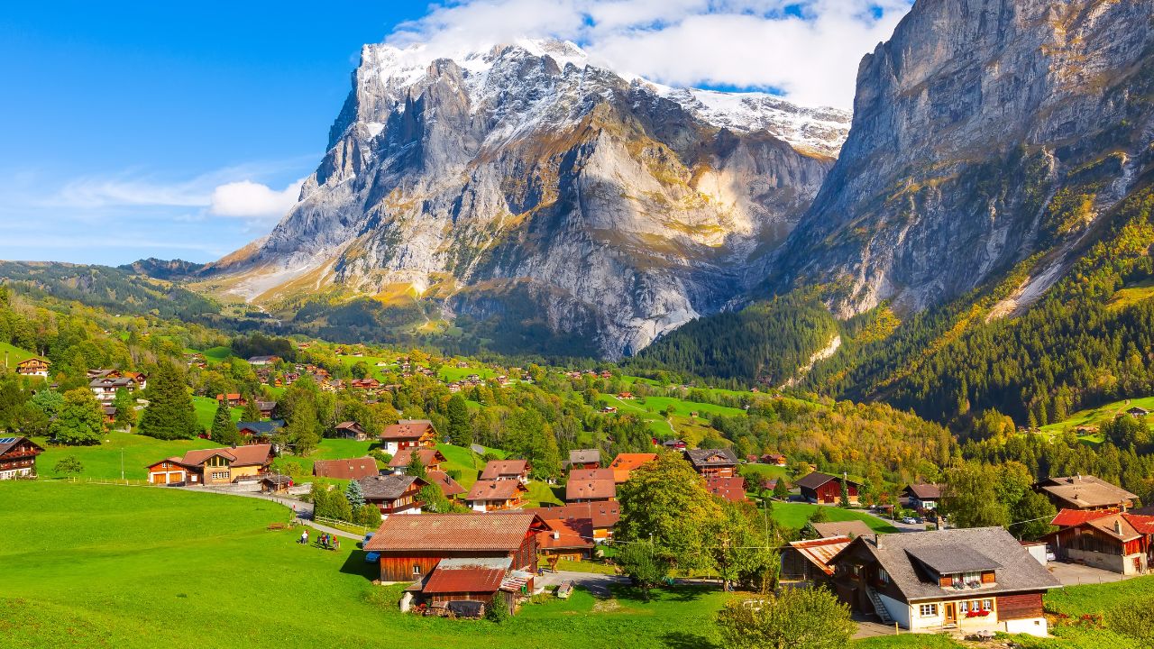 Grindelwald village and Swiss Alps in autumn