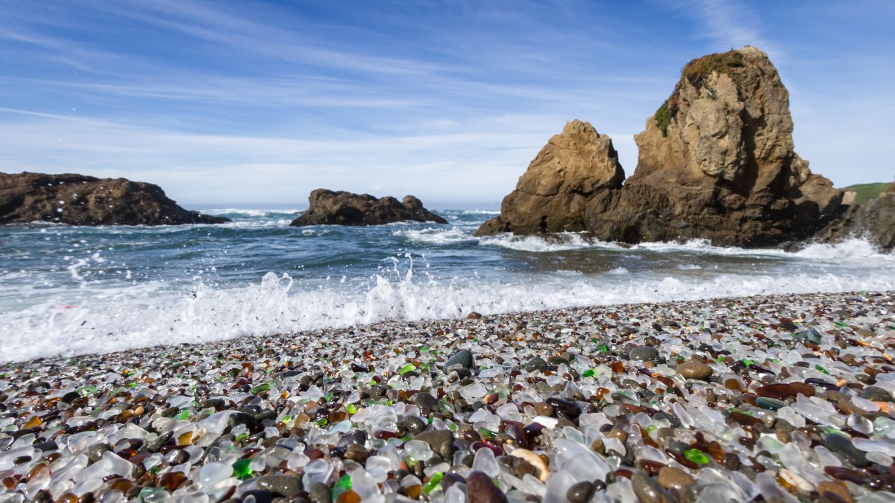 Colorful sea glass on Glass Beach in Fort Bragg, California