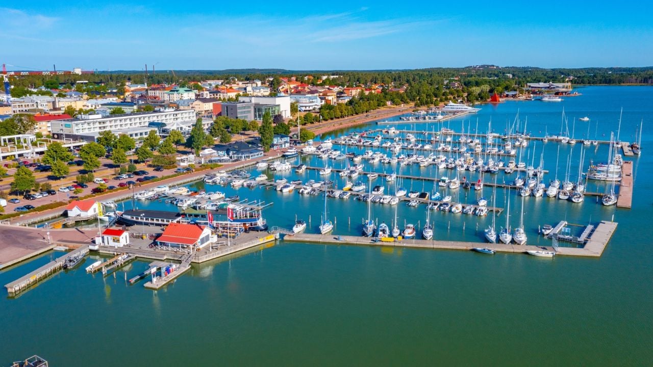 Panorama view of marina in Finnish town Mariehamn.