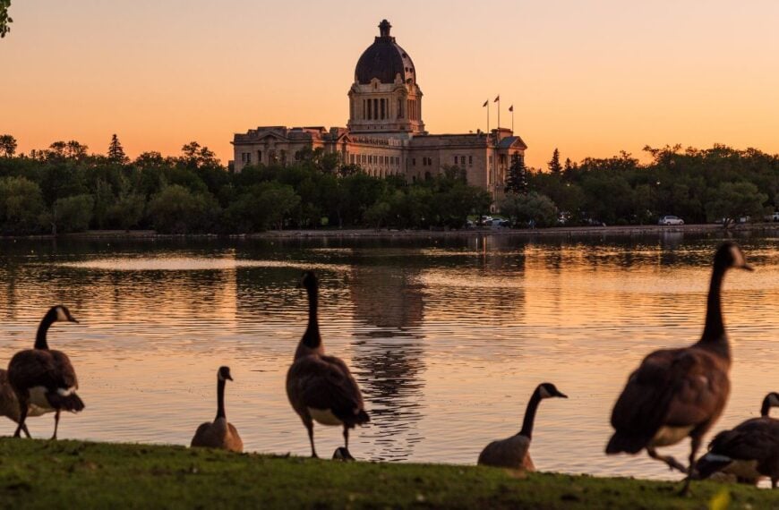 Regina, Saskatchewan Canada - June 2020: Saskatchewan Legislative Building in front of the Wascana lake