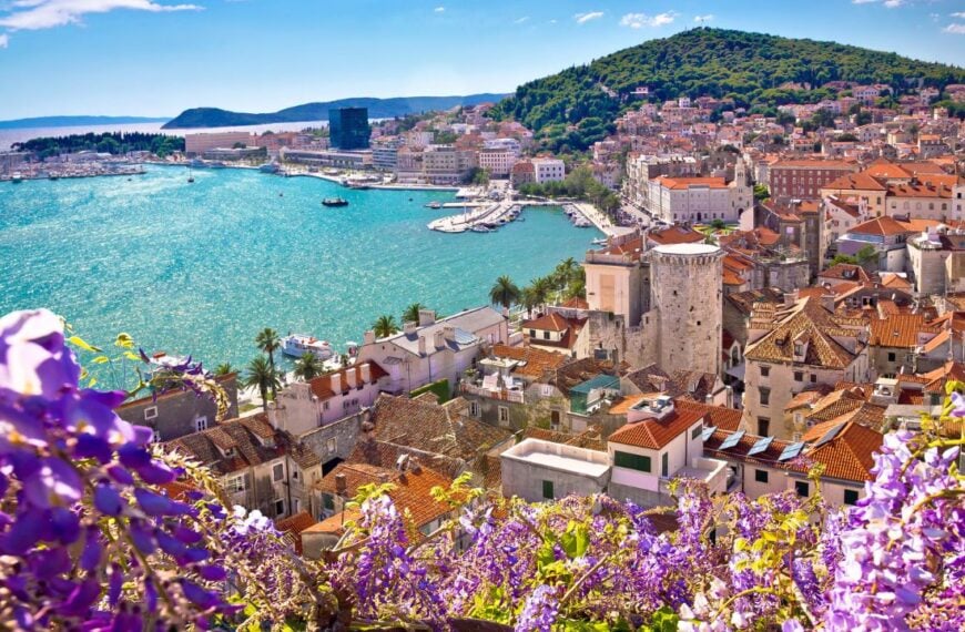 Split waterfront and Marjan hill colorful flower aerial view, Dalmatia region of Croatia