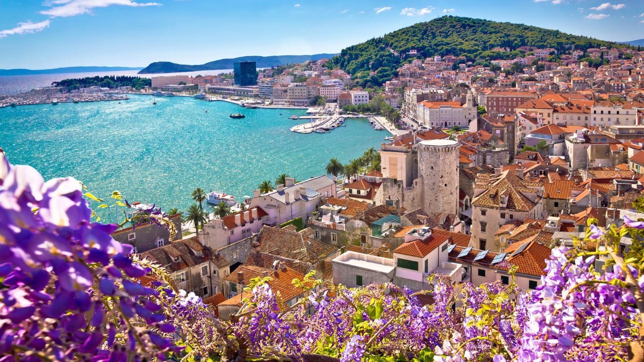 Split waterfront and Marjan hill colorful flower aerial view, Dalmatia region of Croatia