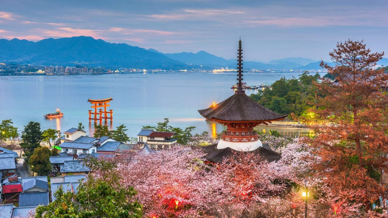 Miyajima Island, Hiroshima, Japan at dusk in spring.