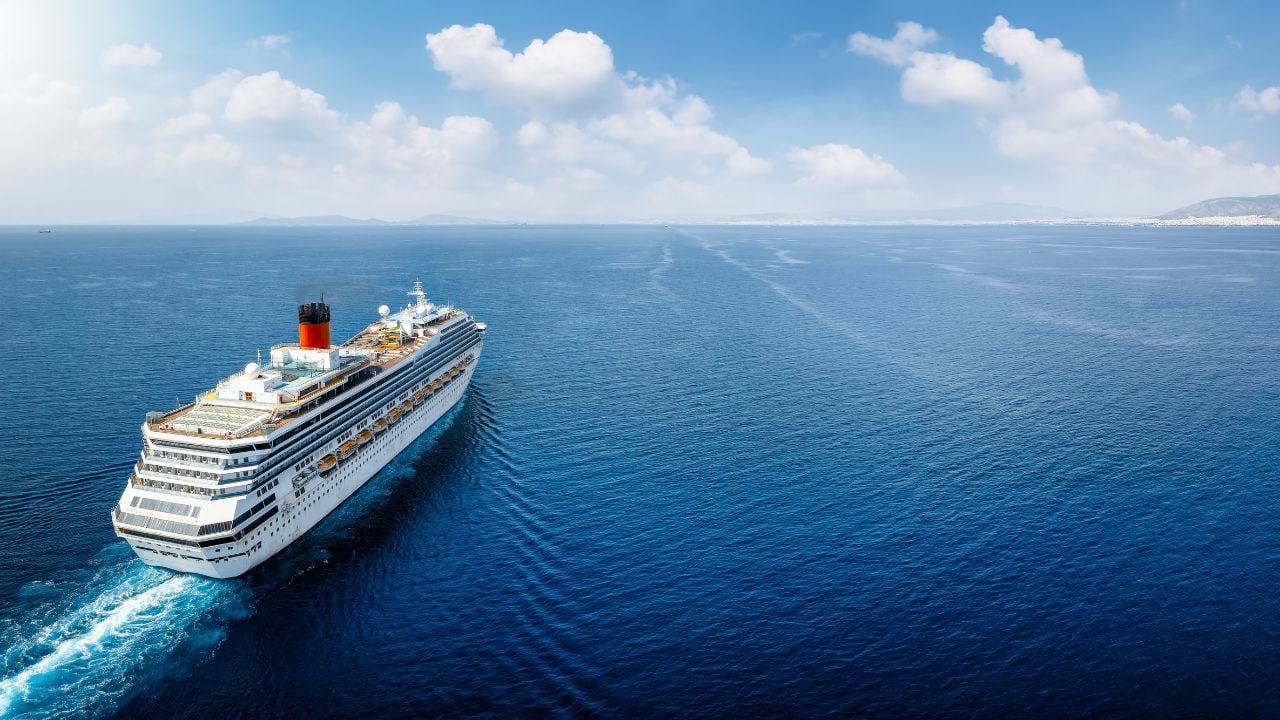 Aerial view of a cruise ship traveling over the ocean