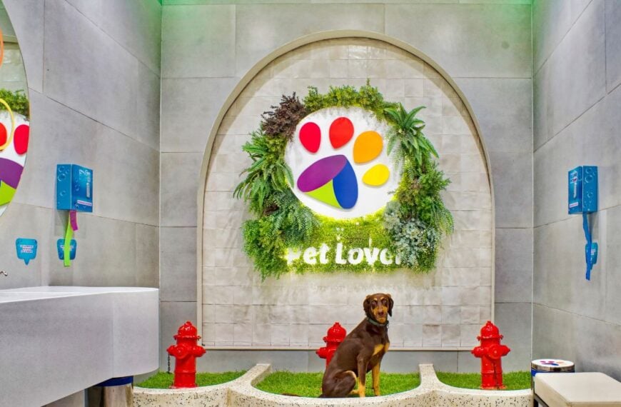 Medellin, Colombia 03 20 2026 Luxury public restroom for dogs, with one sitting doberman in Medellin, Colombia.