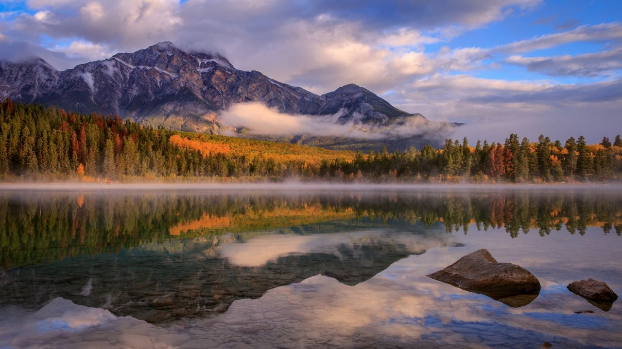 Autumn sunrise at Patricia Lake in Jasper National Park