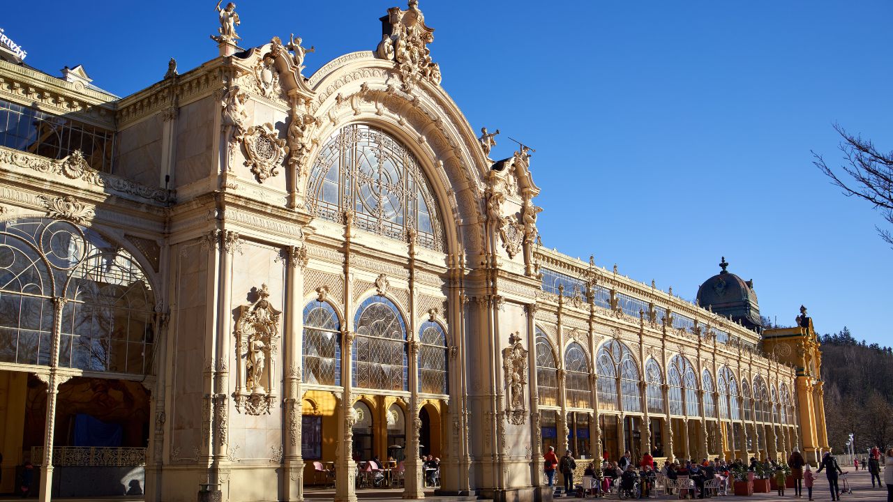 Evening view of the spa colonnade in Mariánské Lázně, Czechia.