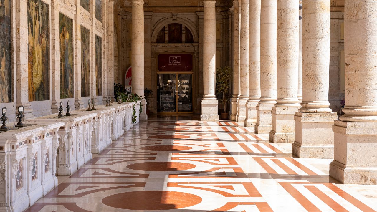 Internal colonnade of the Tettuccio spa in Montecatini Terme, Italy.