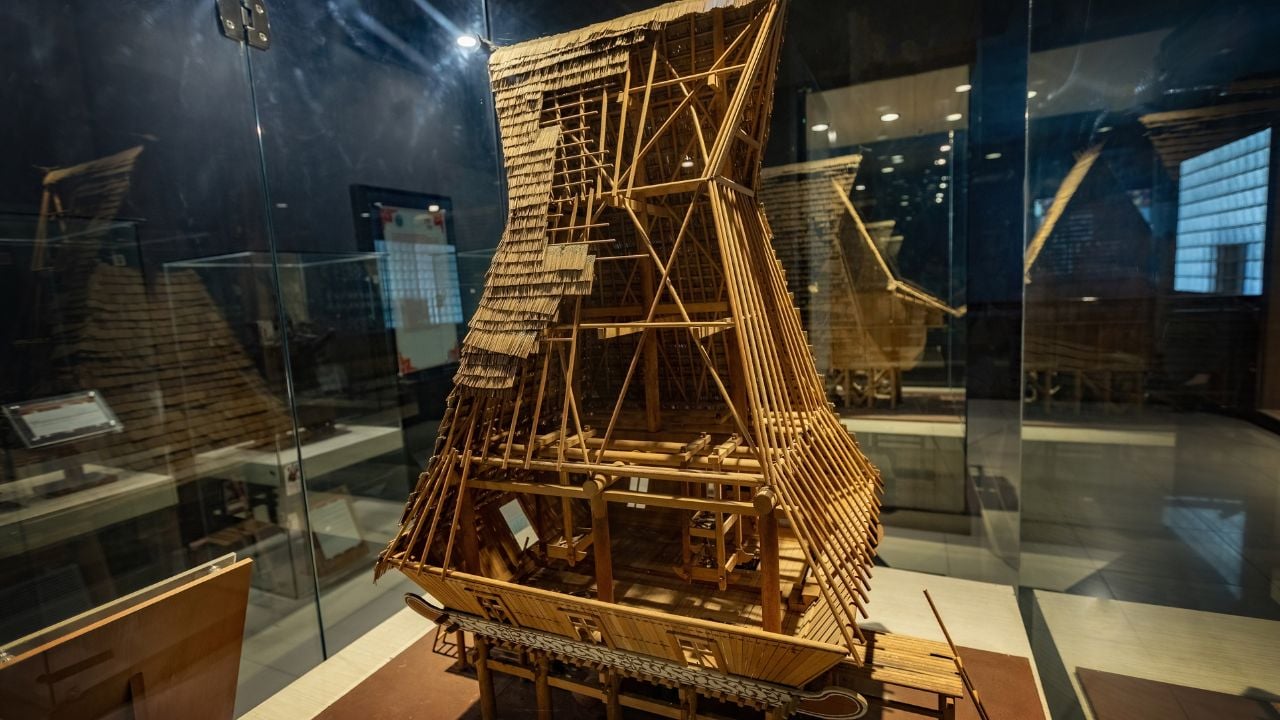 MEDAN, INDONESIA - November 15, 2025: Replica of traditional Nias house in the State museum of North Sumatra Indonesia