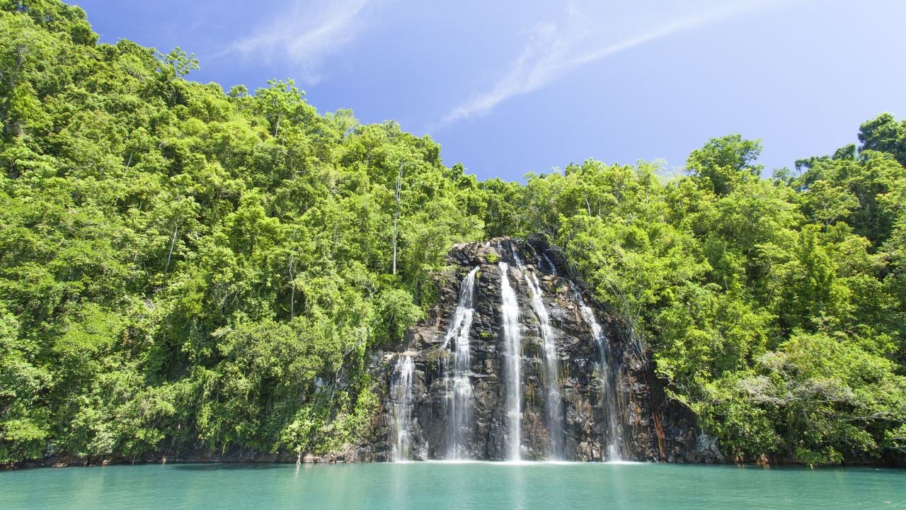 Breathaking view of Kahatola Waterfall in Ternate. It is in the Maluku Islands (Moluccas) of eastern Indonesia. It is off the west coast of the larger island of Halmahera.
