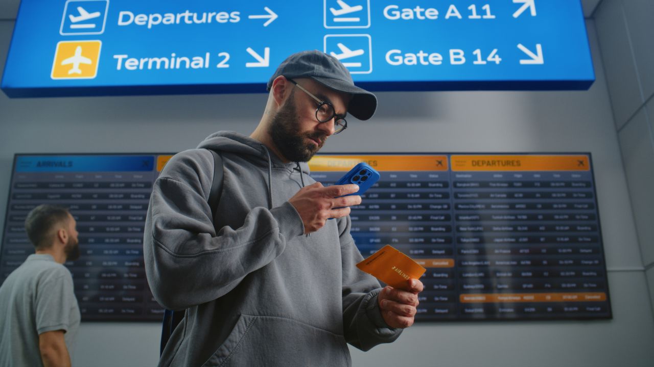 Airport terminal traveler checking connection details on smartphone